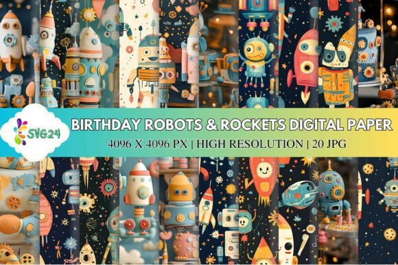 Download Birthday Robots &amp; Rockets Digital Paper - Robots Collection