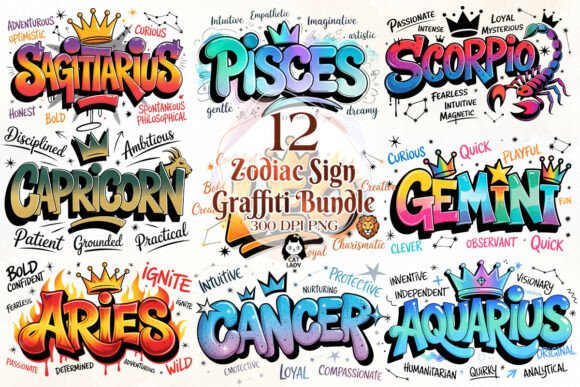 Download Zodiac Sign Graffiti Sublimation Bundle - Zodiac sign Collection